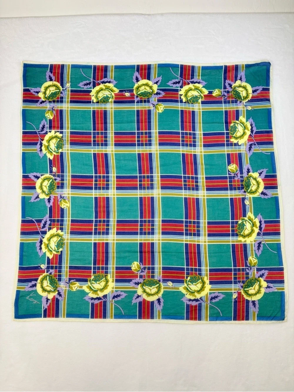 Vintage Kenzo Tokyo Cotton Scarf Plaid Teal Yellow Floral 28” Japan